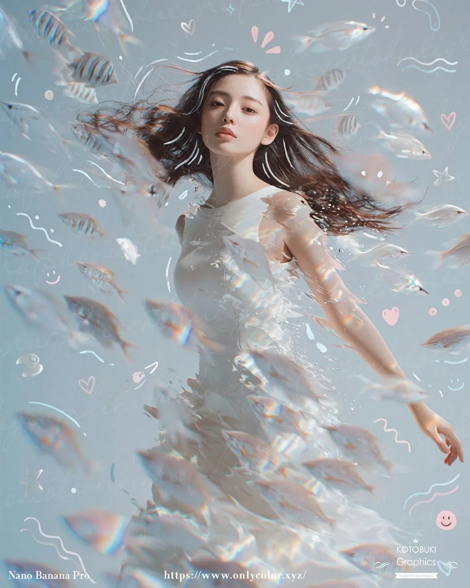 夢幻水下女性與半透明魚