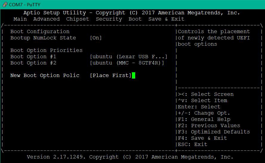 シリアル経由で表示された Aptio Setup Utility